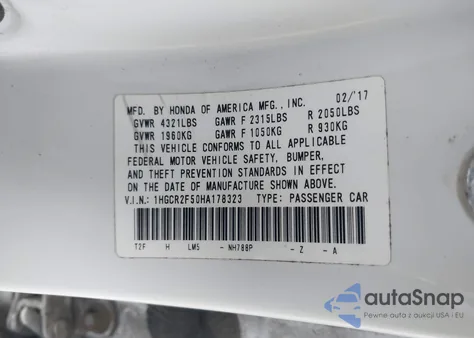 2017 Honda Accord Sport z USA, uszkodzony, nr VIN 1HGCR2F50HA178323